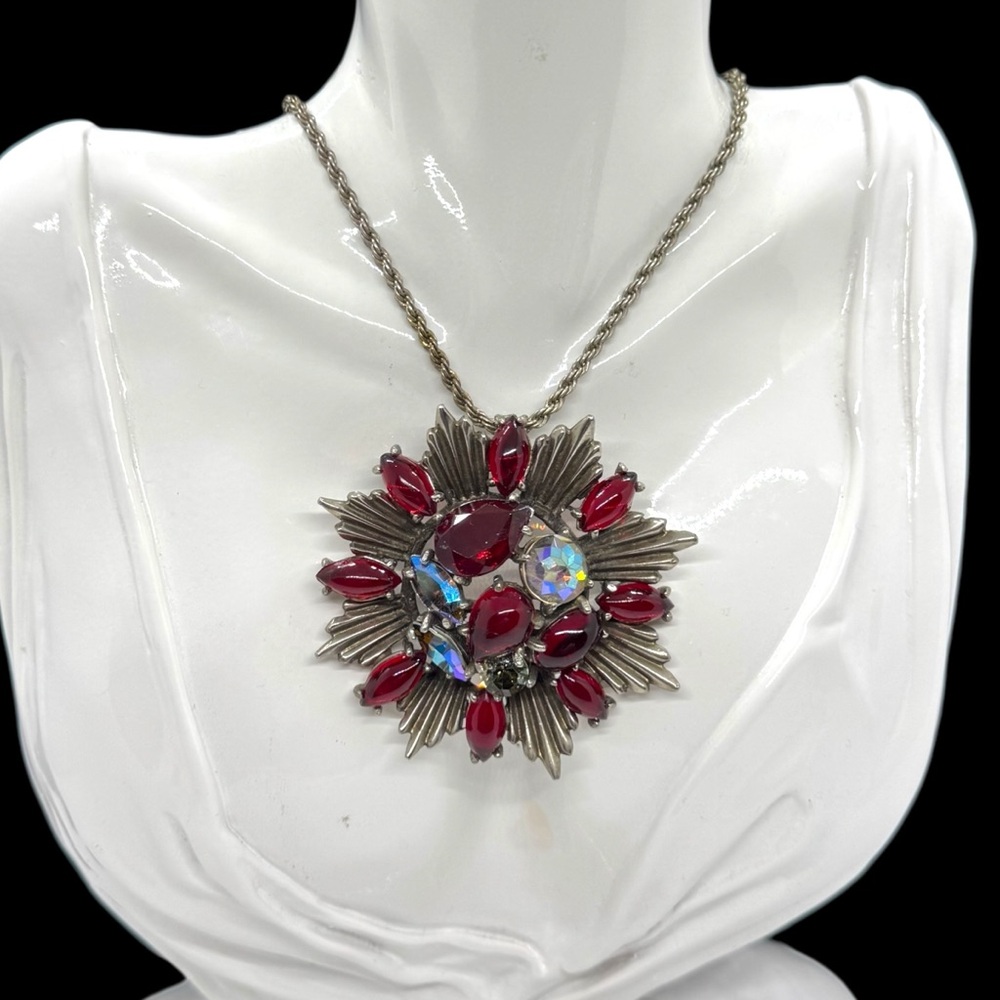 Vintage Red Glass & Aurora Borealis Starburst Pendant